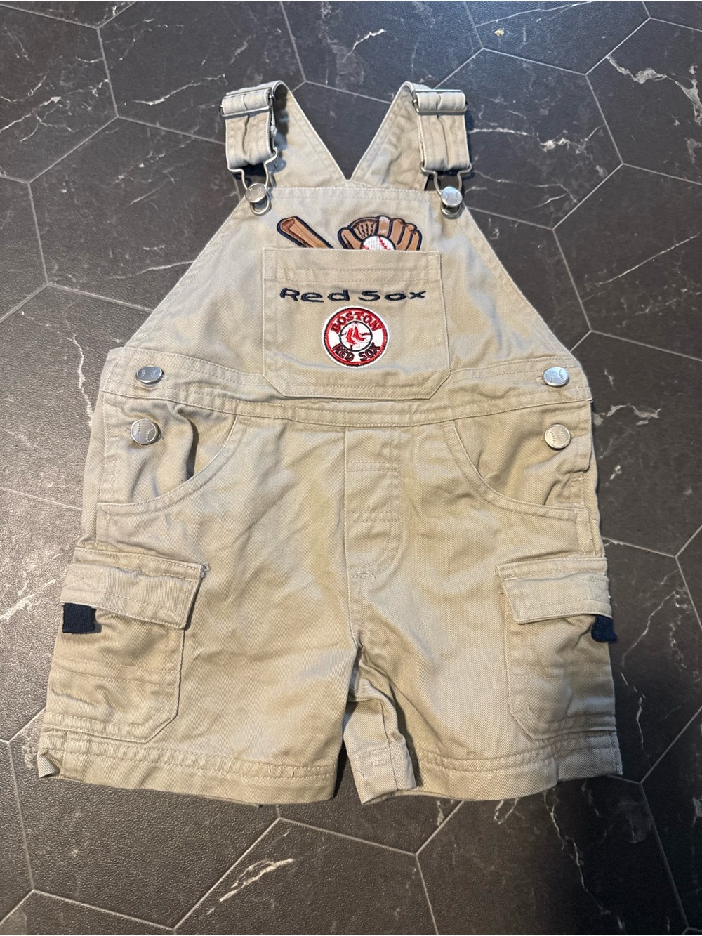 Vintage Boston Red Sox Khaki Short Overalls with Red Sox Patch